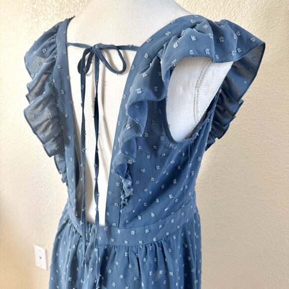Loemes Floral Fit & Flare Dress Womens Size Large Blue Ruffle Strap Textured - Picture 9 of 15